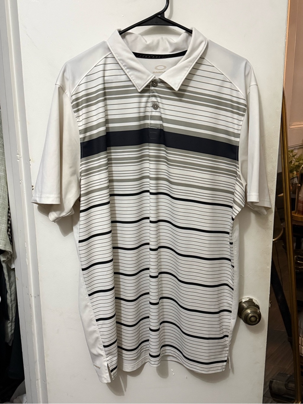 Oakley Men’s White Polo with Black and Gray Stripes